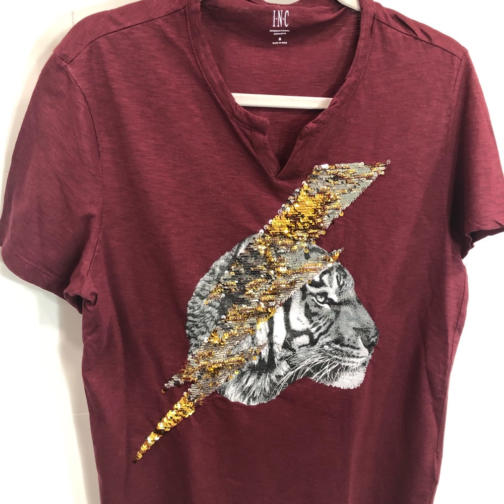 INC T-shirt in burgundy color with tiger and lightning bolt